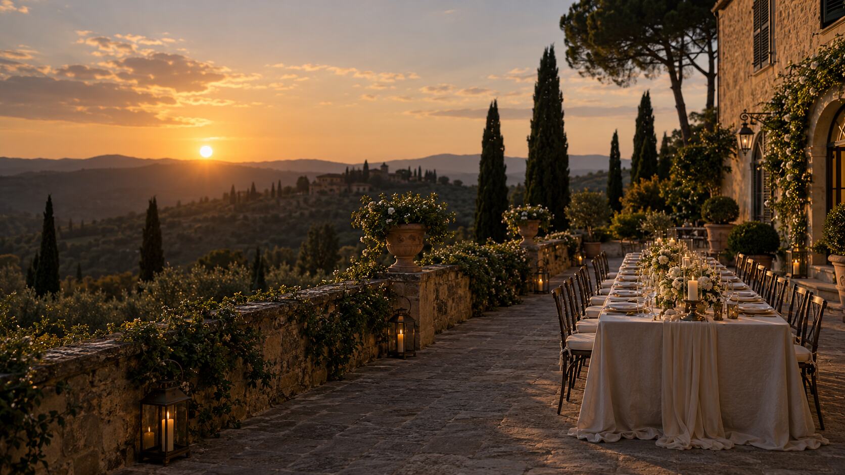 Tavola di ispirazione su una terrazza italiana al tramonto